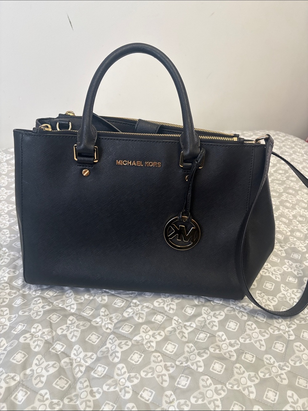 Michael Kors Black Structured Saffiano Satchel with Gold Accent